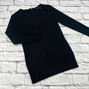 White House Black Market Black Lace Accent Knit Top XS Long Sleeve Stretch